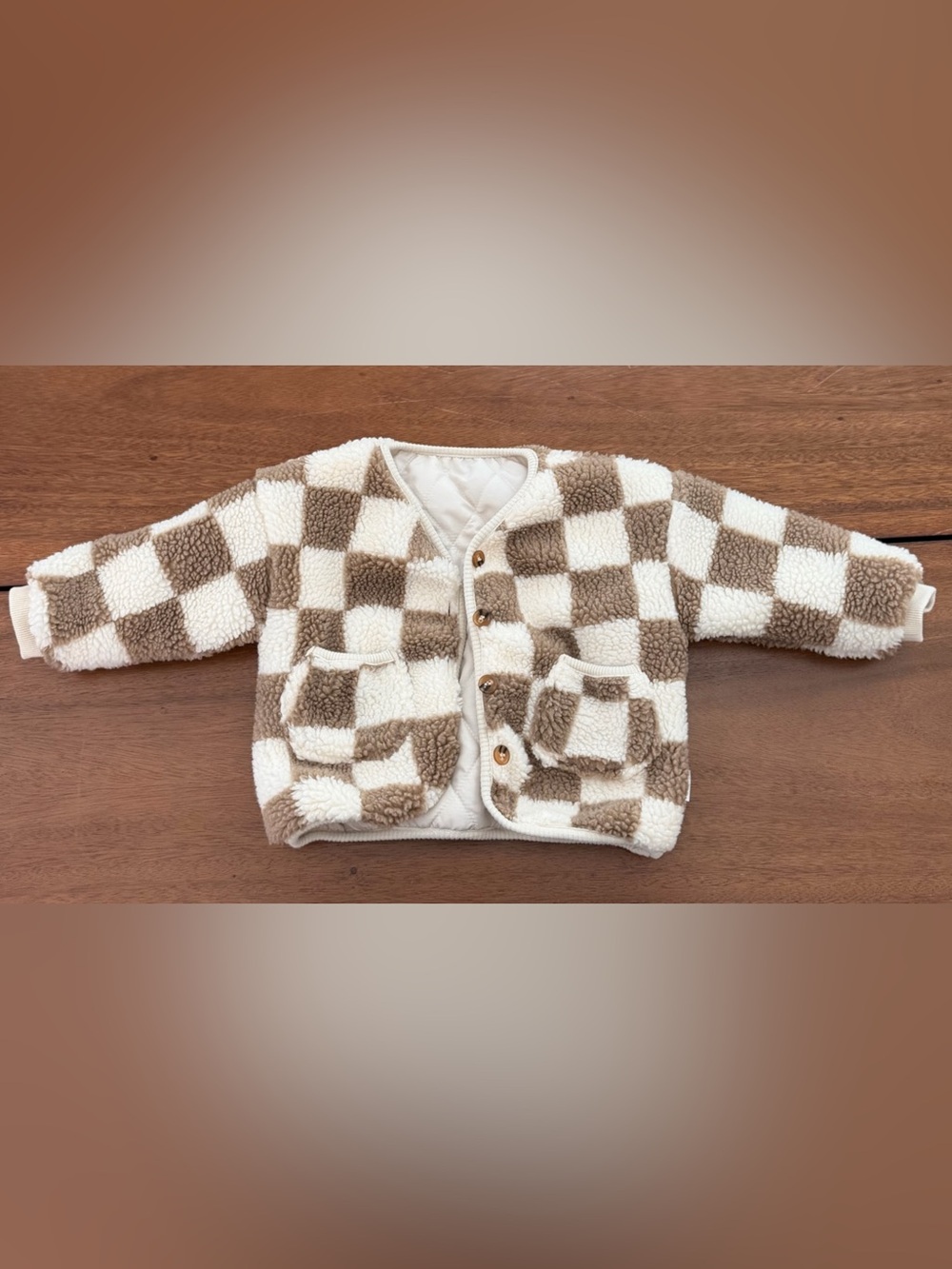 Kids Beige & Cream Check Sherpa Cardigan